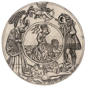 Arystoteles i Phyllis w otoczeniu młodego mężczyzny i kobiety z Erosem oraz leżąca naga kobieta z dwójką dzieci, druga połowa XV w.