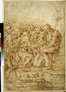 „Chrystus z symbolami męki otoczony siedmioma postaciami” (Chrystus z symbolami męki, któremu towarzyszy siedem postaci) Rysunek brązowym atramentem, Baccio Bandinelli (1493-1560) Muzeum Puszkina w XVI wieku Moskwa autorstwa Baccio Bandinelli