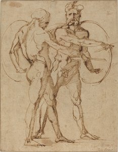 Dwa akty męskie, ok. 1520 (pióro i brązowy tusz na papierze wykładanym) autorstwa Baccio Bandinelli