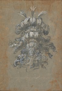 Projekt dla wystawnego nakrycia głowy z piórami na hełmie widok z przodu, ca. 1620-56 .