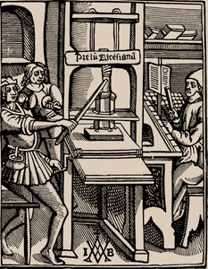 Prelum Ascensianum: urządzenie drukarskie z prasą drukarską w pracy, 1508 r. autorstwa Badius