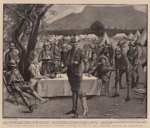 Lady Henry Bentinck zaprasza rannych oficerów na herbatę w szpitalu Portland w Rondebosch (litografia)