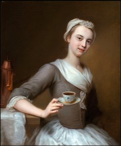 Rokoko: Oferowanie filiżanki kawy par Denner, Balthasar (1685-1749). Olej na płótnie, 76x63,2. Prywatna kolekcja