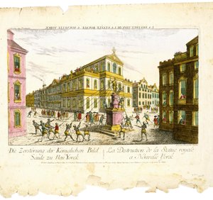 Zniszczenie posągu królewskiego w Nowym Jorku autorstwa Balthasar Friedrich Leizelt