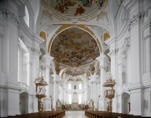 Widok wnętrza kościoła klasztornego autorstwa architekta Johanna Balthasara Neumanna (1687-1753) Neresheim, Niemcy