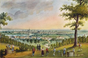 Winobranie w winnicach nad Heiligenstadt, z widokiem na Wiedeń ... (gwasz)