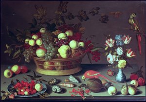 Kosz winogron i innych owoców autorstwa Balthasar van der Ast