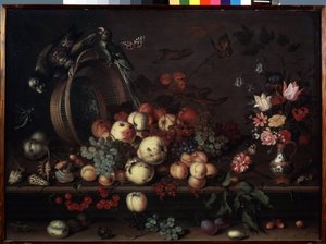 "Martwa natura z owocami, kwiatami i papugami" (zwana również "Martwa natura z owocami, muszlami i owadami") Obraz Balthasara van der Asta (1593/4-1657) ok. 1620 Wymiary 75x104 cm Ermi Museum autorstwa Balthasar van der Ast