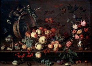 Martwa natura z owocami, kwiatami i papugami, 1620s autorstwa Balthasar van der Ast