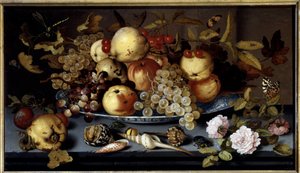 Martwa natura z owoców, kwiatów, muszli i owadów. Obraz Balthasara Van Der Ast (1590-1656) Ec. Hol