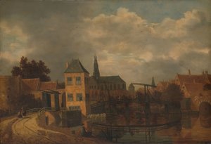Widok na miasto Haarlem, wzięty z rzeki Spaarne, pokazujący Eendjespoort autorstwa Balthasar van der Veen