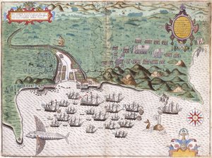 Plan widokowy Santiago, Wyspy Zielonego Przylądka, ukazujący atak Sir Francisa Drake