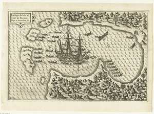 Przybycie na Borneo, 1600 La baye de Isle et Cite de Borneo (tytuł na obiekcie), RP-P-OB-75.411 autorstwa Baptista van Doetechum