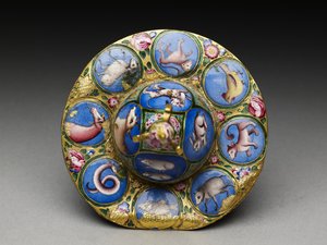 Misa z pokrywką, spodek i łyżka z dekoracją astrologiczną, początek XIX w.
