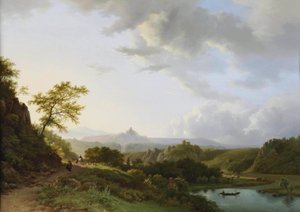 Panoramiczny letni krajobraz z podróżnikami i ruinami zamku w oddali autorstwa Barend Cornelis Koekkoek