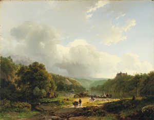 Rozładunek barki w pofałdowanym krajobrazie, 1831 autorstwa Barend Cornelis Koekkoek