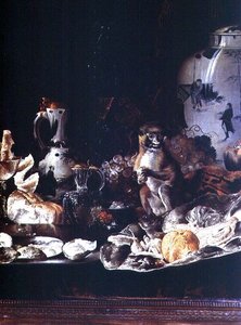 Egzotyczna martwa natura z małpą i chińską porcelaną autorstwa Barend or Bernardus van der Meer