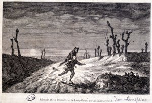 Wilkołak (wilkołak) atakujący człowieka - z ap. obraz Maurice Sand wystawiony na Salonie w 1857 roku. autorstwa Baron Dudevant Jean Francois Maurice (after) Sand