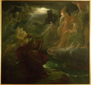 Ossian wyczarowuje duchy na brzegach rzeki Lora przy dźwiękach swojej harfy, 1801 autorstwa Baron François Pascal Simon Gérard