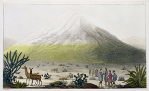 Góra Chimborazo, Ekwador, z "Le Costume Ancien et Moderne", tom II, tablica 3, autor Jules Ferrario, rytowane przez Paolo Fumagalli, opublikowane ok. 1820s-30s