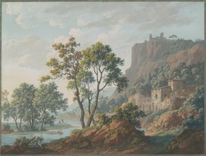Krajobraz rzeczny z zamkami i rybakami autorstwa Baron Louis Albert Guillain Bacler d