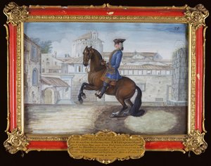 nr 35 Gniady Barbary z Hiszpańskiej Szkoły Jeździeckiej wykonujący ruch ujeżdżeniowy na Placu św. Marka we Florencji (wc na papierze) autorstwa Baron Reis Eisenberg