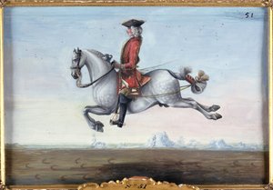 nr 51 Pstrokaty siwy koń Hiszpańskiej Szkoły Jazdy wykonujący ruch ujeżdżeniowy zwany Capriole (wc na papierze)
