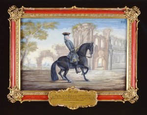 No. 52 Le Bienvenu, ciemny gniady koń Hiszpańskiej Szkoły Jeździeckiej wykonujący ruch ujeżdżeniowy (wc na papierze) autorstwa Baron Reis Eisenberg