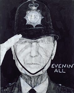 Portret Jacka Warnera jako Dixon z Dock Green, ilustracja do The Listener, lata 70. (gwasz na pokładzie) autorstwa Barry Fantoni