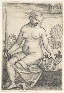 Judyta, siedząca naga z mieczem w prawej ręce, wpatrująca się w głowę Holofernesa..., 1523.