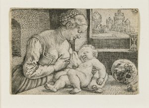 Matka z dzieckiem z czaszką i klepsydrą, ok. 1528-1530 autorstwa Barthel Beham