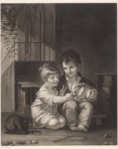 Dwoje dzieci z królikami Mange mon petit, mange autorstwa Barthélémy Joseph Fulcran Roger