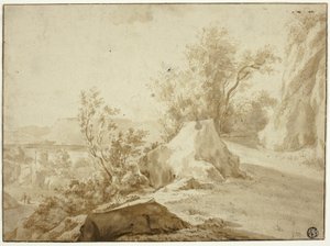Skały i ścieżka górska, postacie i miasto poniżej autorstwa Bartholomeus Breenbergh