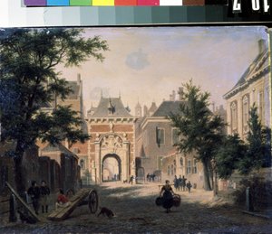 „Widok holenderskiego miasteczka”” Scena uliczna, gospodyni domowa wraca z targu, kosze załadowane. Obraz Bartholomeusa Johannesa van Hove (1790-1880) XIX-wieczne Muzeum Sztuki Michaiła Kroszyckiego, Sewastopol (Sewastopol) Ukraina