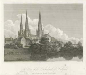 Katedra w Lichfield - widok na południowy zachód: rycina, 1796 autorstwa Bartholomew Howlett