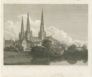 Katedra w Lichfield - widok na południowy zachód: grawerowanie, nd [?1796] autorstwa Bartholomew Howlett