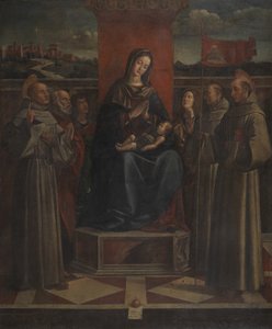 Dziewica z Dzieciątkiem na tronie z sześcioma świętymi, ok. 1500 (olej na płótnie) autorstwa Bartolomeo (attr. to) Montagna