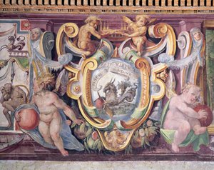 Sala del Granduca di Toscana Sala Wielkiego Księcia Toskanii detal fryzu przedstawiający znaki zodiaku, Koziorożec, godło Francesco de Medici 1541-87 1564-75 fresk