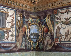 Sala del Granduca di Toscana Sala Wielkiego Księcia Toskanii detal fryzu przedstawiający znaki zodiaku, nosorożca, fresk 1564-75