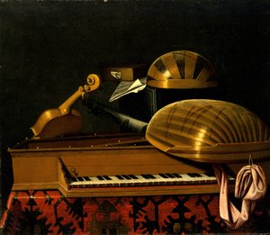 Martwa natura z instrumentami muzycznymi i książkami, połowa XVII wieku. autorstwa Bartolomeo Bettera