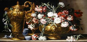 Martwa natura z różami w etui i dzbankiem florenckim na półce (olej na płótnie) autorstwa Bartolomeo Bimbi