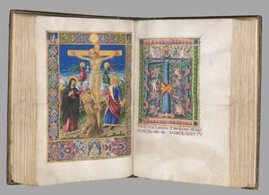 Mszał: Fl. 185v: Ukrzyżowanie z obramowaniem cała strona, 1469. autorstwa Bartolomeo Caporali