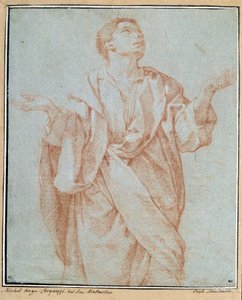 Mężczyzna udrapowany, ręce otwarte, oczy wzniesione ku niebu, głowa przekrzywiona Rysunek a la sanguine Bartolomeo Cesi (1556-1620) Wym. 0,28 x 0,23 m Paryż. Muzeum w Luwrze