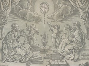 Alegoria tezy, dwie kobiety trzymają tablice inskrypcyjne, 1640.