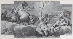 Ilustracja 34: Woźnica Auriga spada z rydwanu pośrodku, z trzema końmi w l..., 1756. Twórcy: Bartolomeo Crivellari, Gabriel Söderling. autorstwa Bartolomeo Crivellari, Gabriel Söderling