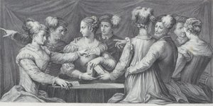 Grupa elegancko ubranych ludzi grających w karty, 1740-68