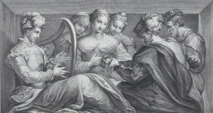 Grupa elegancko ubranych ludzi grających na harfie i gitarze, 1740-68