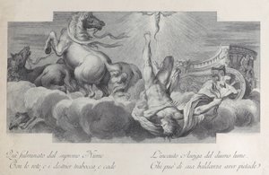 Ilustracja 34: Woźnica Auriga spada z rydwanu pośrodku, z trzema końmi w l..., 1756