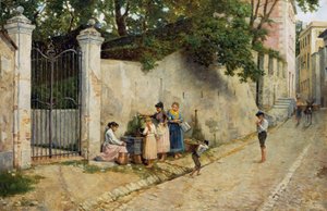 Przy fontannie, Bartolomeo Giuliano (1825-1909), olej na płótnie, 64,5x100 cm autorstwa Bartolomeo Giuliano