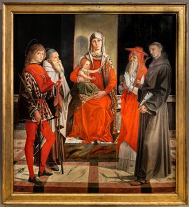 Tronująca Madonna z Dzieciątkiem Jezus wśród świętych Ansanus, Antoniego Wielkiego, Hieronima i Franciszka autorstwa Bartolomeo Montagna